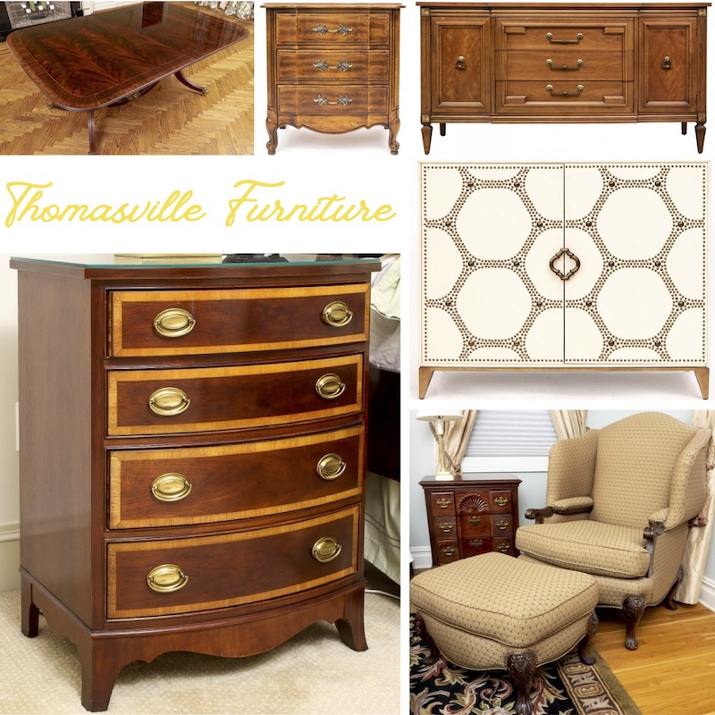 Examples of vintage Thomasville furniture include a flame mahogany banded double pedestal dining table, chests of drawers, a MCM credenza, leather and studded cabinet, and wingback club chair with ottoman.